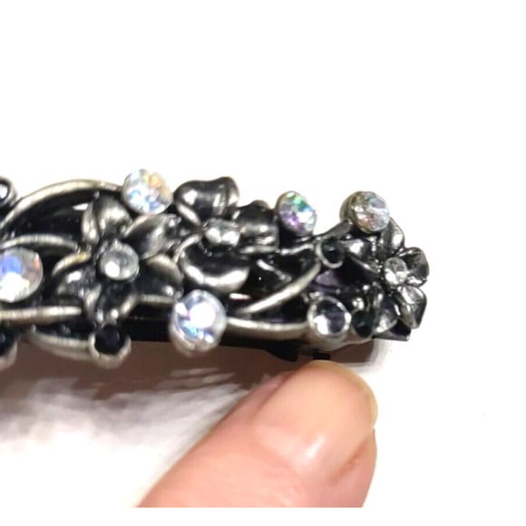 Barrette Tension Hair Clip Pewter Tone Rhinestone Flaw - Picture 4 of 5